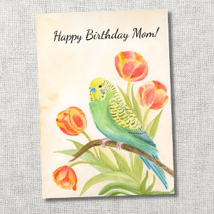 Mom Happy Birthday Parakeet with Tulips Card