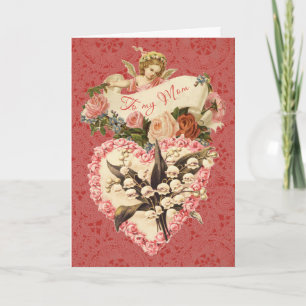 Mom, Happy Valentine's Day, vintage angel, roses Holiday Card