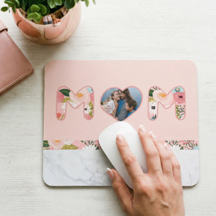 MOM Heart Photo Frame Floral Pattern & Marble Pink Mouse Pad