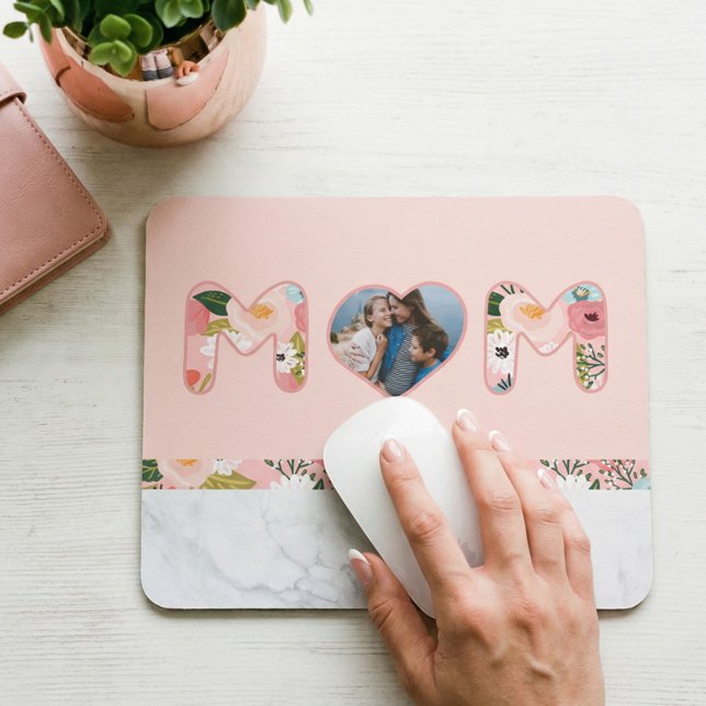 MOM Heart Photo Frame Floral Pattern & Marble Pink Mouse Pad (Gift For Mom Heart Photo Frame Pink Marble Floral Mouse Pad)