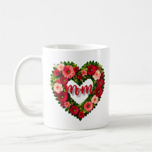 "Mom" Heart-Shaped Wreath of Flowers Mug