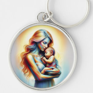 Mom holding baby luminous tender embrace art keychain