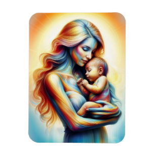 Mom holding baby luminous tender embrace art magnet