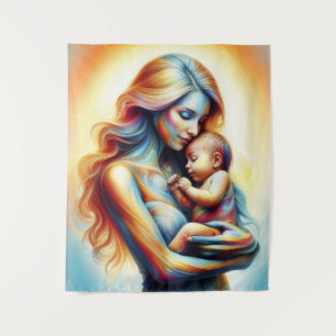 Mom holding baby luminous tender embrace art tapestry