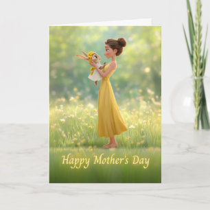 Mom Holding Bunny in Yellow: Mother's Day Card