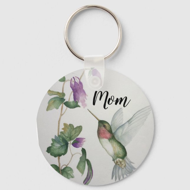 Mom Hummingbird Elegant Watercolor Garden Keychain (Front)