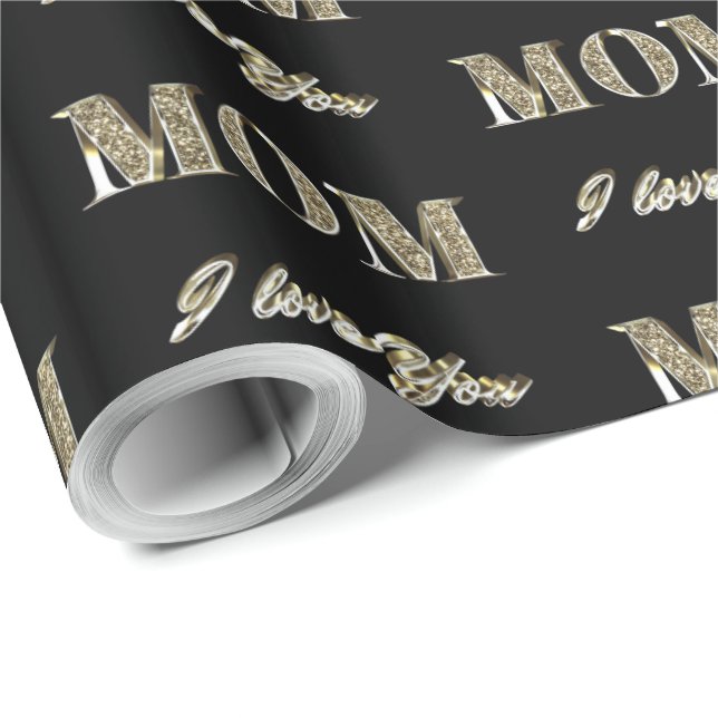 Mom I Love You Black and Gold Sparkles Typography Wrapping Paper (Roll Corner)