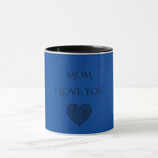 'MOM' I LOVE YOU blue/black heart two toned mug. Mug (Center)