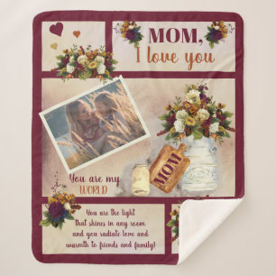Mom I Love You Photo Fall Floral   Script Text Sherpa Blanket