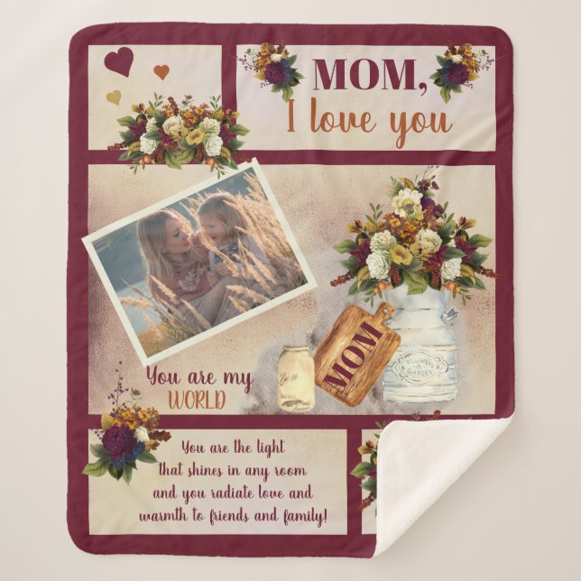 Mom I Love You Photo Fall Floral | Script Text Sherpa Blanket (Front)