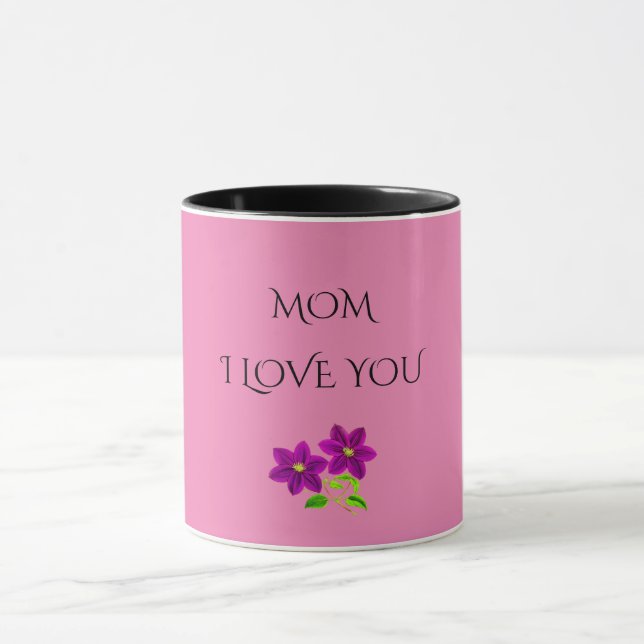 'MOM' I LOVE YOU purple flowers two toned mug. Mug (Center)