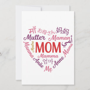 Mom in Multiple Language Heart Shaped Mother's day Holiday Card