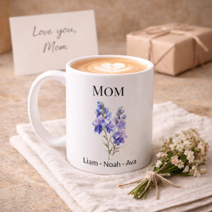 Mom July Birth Flower with Kids Names Coffee Mug