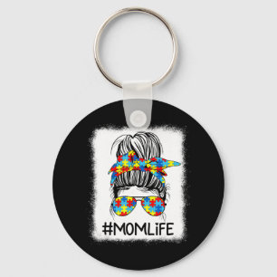 Mom Life Autism Awareness Messy Bun shirt with Ele Keychain