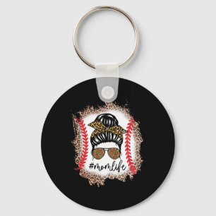 Mom Life Baseball Mom Messy Bun Leopard Baseball M Keychain