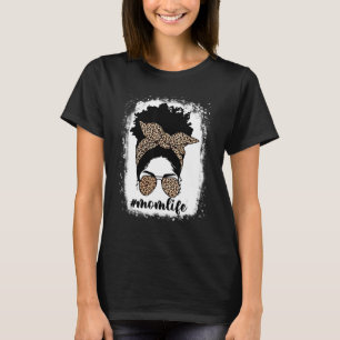 Mom Life Bleached Mom Life Leopard Messy Bun Black T-Shirt