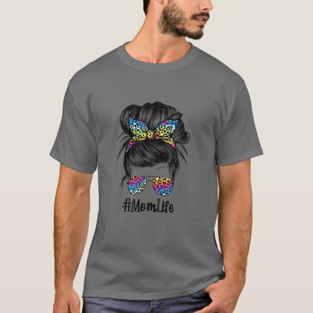 Mom Life Bleached Rainbow Colourful Leopard Print  T-Shirt (Front)