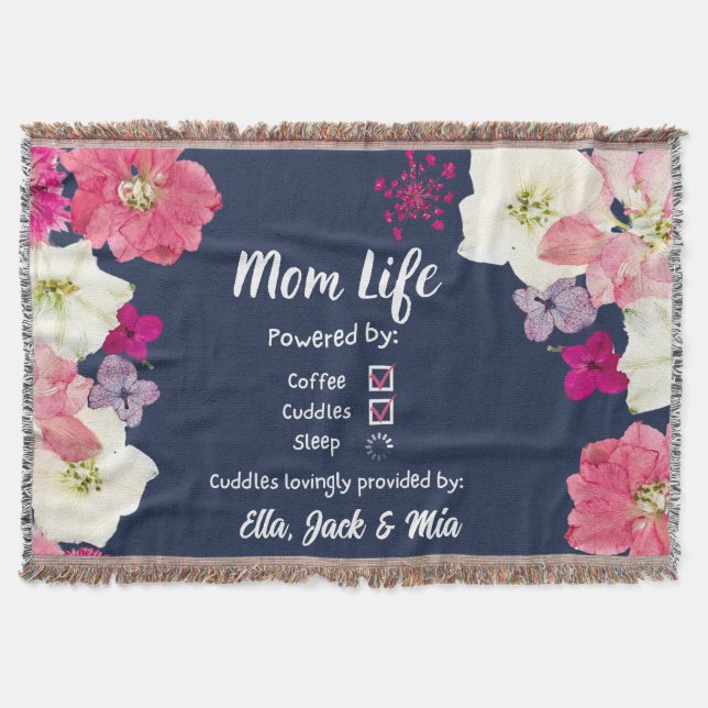 Mom Life Coffee & Sleep Floral Name Throw Blanket (Front)