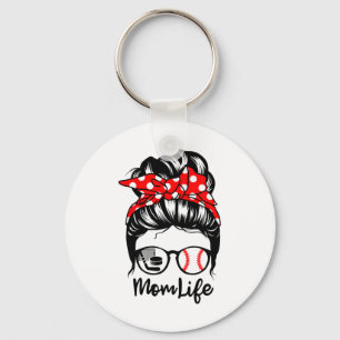 Mom Life Messy Bun Hair Funny Baseball Hockey Mom Keychain