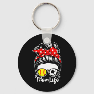 Mom Life Messy Bun Hair Soccer Softll Player Mom Keychain