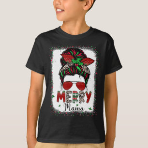 Mom Life Messy Bun Plaid Leopard Xmas Merry Mama C T-Shirt