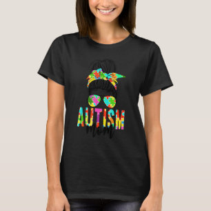Mom Life Messy Bun Sunglasses Bandana Autism Awa T-Shirt