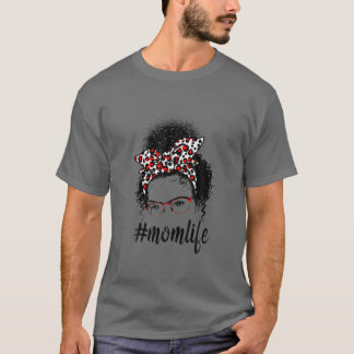 Mom Life Messy Hair Bun Pink Leopard Print Mothers T-Shirt
