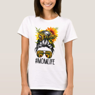 Mom Life Messy Hair Bun Sunflower Women Mother's D T-Shirt