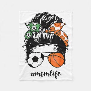 Mom Life Soccer And Sketll Messy Bun Mother Day Fleece Blanket