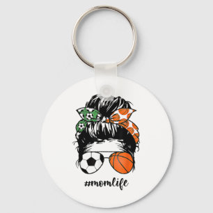 Mom Life Soccer And Sketll Messy Bun Mother Day Keychain