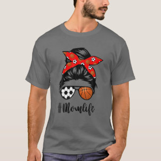 Mom Life Soccer Skull Messy Bun Basketball Bandana T-Shirt