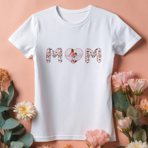 Mom Love Pink & Floral Pattern Custom Heart Photo T-Shirt