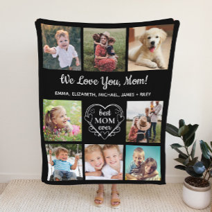 Mom Love You 8 Photo Collage Black Fleece Blanket