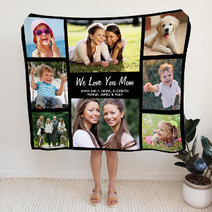 Mom Love You Photo Collage Black Fleece Blanket