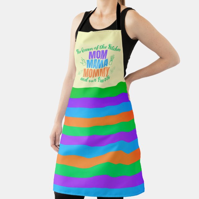 Mom Mama Mommy Queen of The Kitchen Solid Stripes Apron (Insitu)