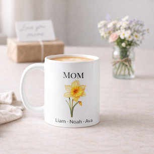 Mom March Birth Flower with Kids Names Coffee Mug