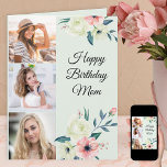 Mom Mint and Pink Feminine Floral 3 Photo Birthday Card<br><div class="desc">Say Happy Birthday Mom with a feminine floral birthday card, personalized with 3 of your favourite photos and a custom message. This pretty photo card has a watercolor flowers in pink and ivory white on a pale mint green background with elegant script typography. The template is set up for you...</div>