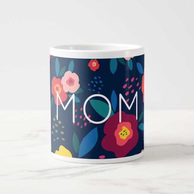 Mom Modern Floral Blue and Coral Coffee Large Coffee Mug (Front)