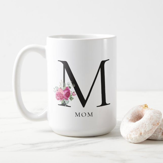 Mom Modern Floral Monogram Coffee Mug (With Donut)