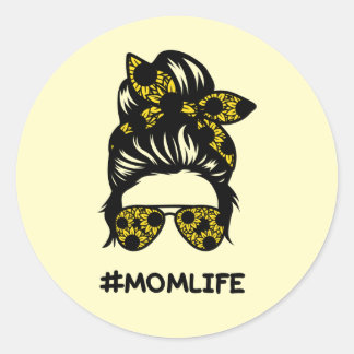 Mom #momlife messy bun sunflower classic round sticker