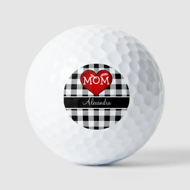 MOM Monogram Buffalo Plaid Black white red heart Golf Balls (Front)