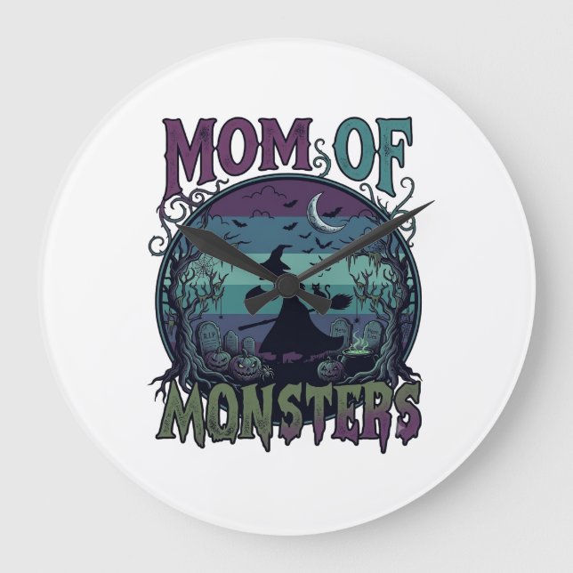 Mom Monsters Halloween Witch Moon Pumpkins Graveya Large Clock (Front)