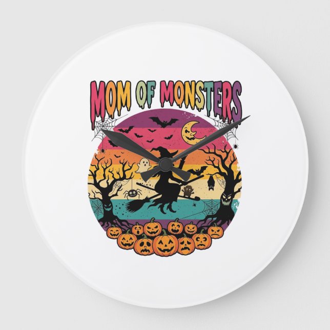 Mom Monsters Halloween Witch Pumpkins Bats_1 Large Clock (Front)