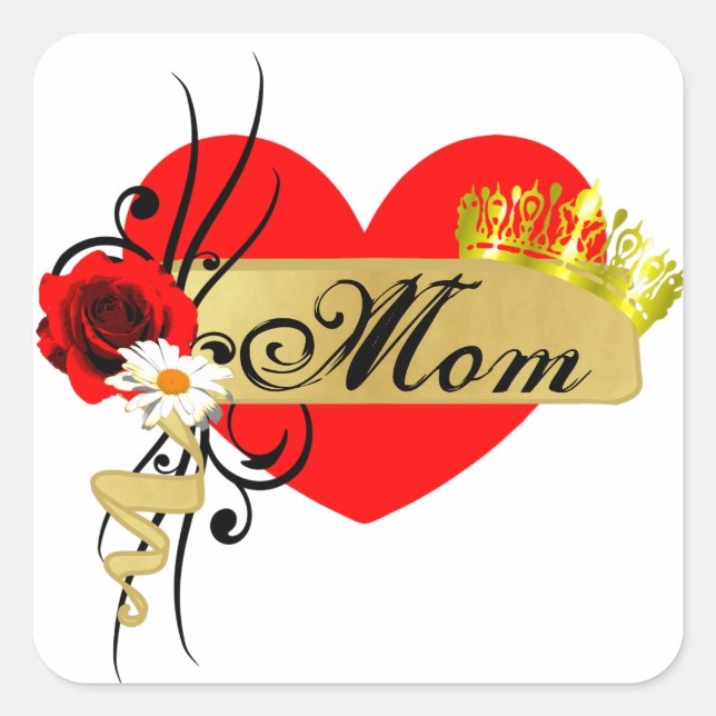 Mom Mothers Day Big Red Heart Rose Scroll Square Sticker (Front)
