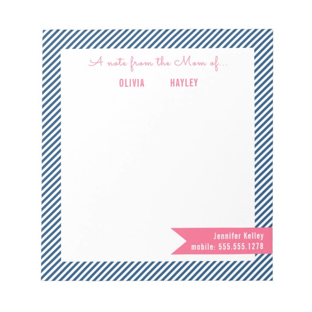 Mom Notepads, Blue and Pink Personalized Notepad (Front)