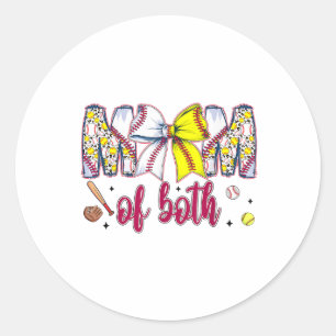 Mom Of Both Baseball Softball Coquette Bow Mothers Classic Round Sticker
