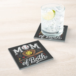 Mom of Both Game Day Baseball Softball  Glass Coaster