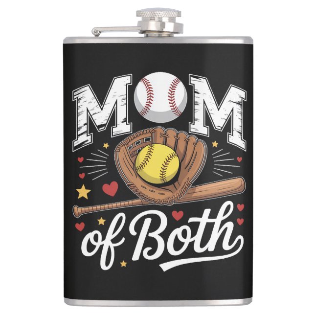 Mom of Both Game Day Baseball Softball  Hip Flask (Front)