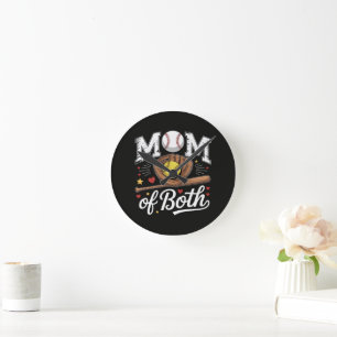 Mom of Both Game Day Baseball Softball  Round Clock