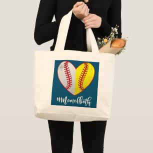 Mom Of Both Softball Baseball Heart Mother's Day Large Tote Bag